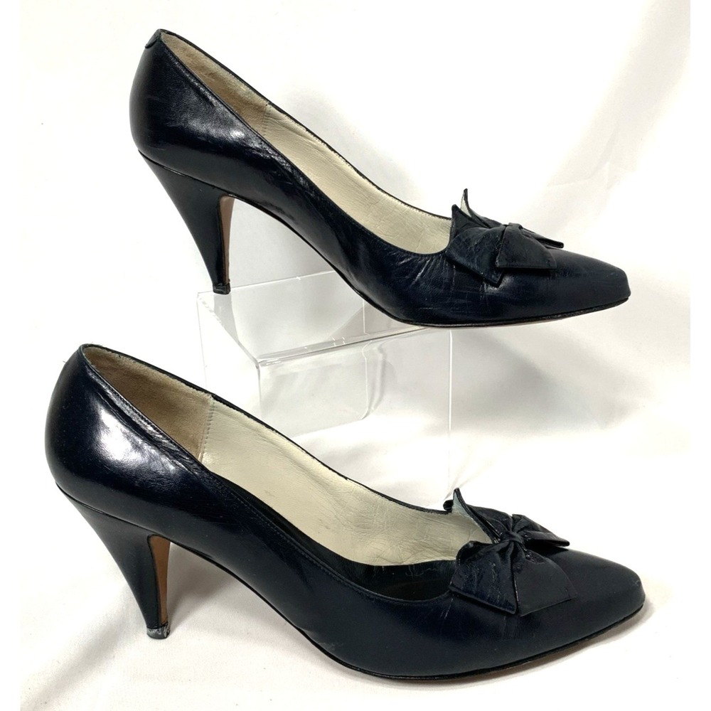 Evan Picone Pumps Womens 8.5 Navy Blue Leather Bow Pointy Toe Vintage 3" Heel - Picture 4 of 12